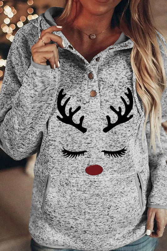 Christmas Reindeer Print Button Kangaroo Pocket Hoodie Fashion Hut Jewelry