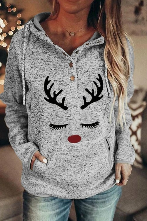 Christmas Reindeer Print Button Kangaroo Pocket Hoodie Fashion Hut Jewelry