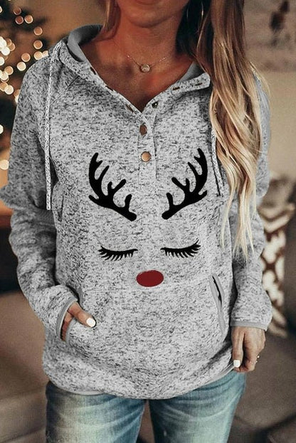 Christmas Reindeer Print Button Kangaroo Pocket Hoodie Fashion Hut Jewelry
