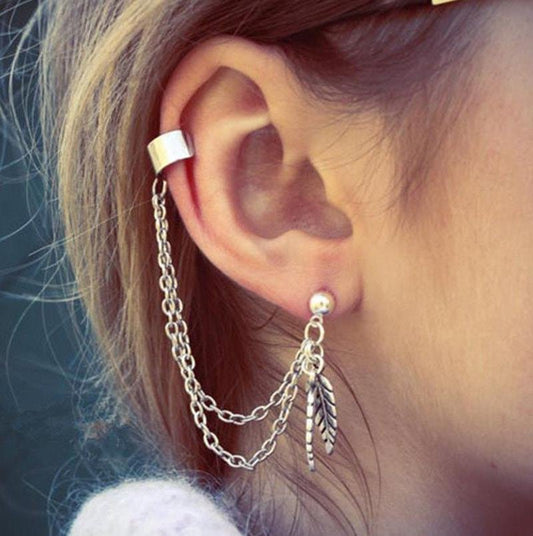 Silver Dangle Ear Cuff Clip Stud Wrap Earring with Chain | Fashion Hut Jewelry