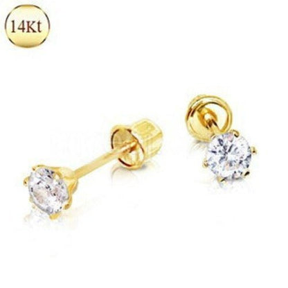 Pair of 14Kt. Yellow Gold Clear Round CZ Earring with Screw Back | Fashion Hut Jewelry