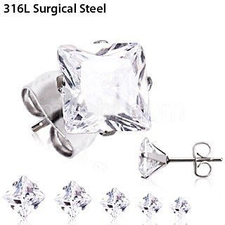 Pair of 316L Surgical Steel Clear Princess Cut CZ Stud Earrings | Fashion Hut Jewelry