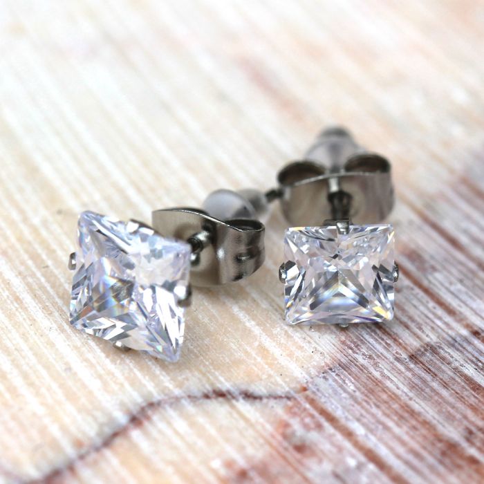 Pair of 316L Surgical Steel Clear Princess Cut CZ Stud Earrings | Fashion Hut Jewelry