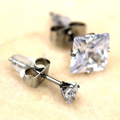 Pair of 316L Surgical Steel Clear Princess Cut CZ Stud Earrings | Fashion Hut Jewelry