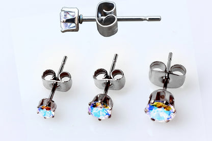 Pair of 316L Stainless Steel Aurora Borealis Round CZ Stud Earrings