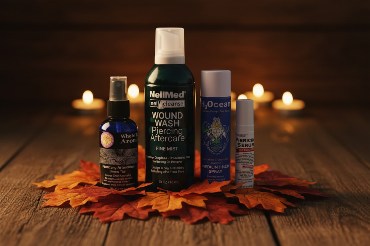 Piercing aftercare products styled on a rustic wooden surface with autumn leaves in warm orange and gold tones