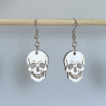 Human Skull Wooden Dangle Earrings | Gothic Halloween Jewelry