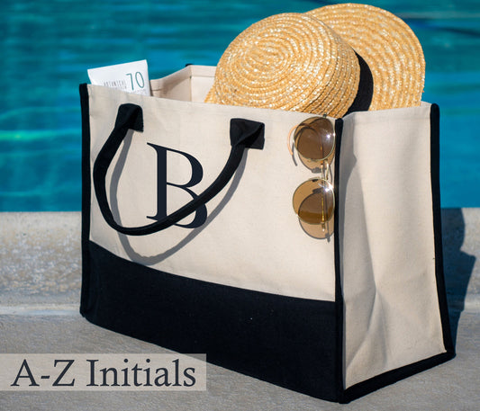 Personalized Cotton Canvas Beach Tote Bag Monogram Tote Bag Initial Canvas Tote Bridesmaid Gift Tote Custom Beach Bag Gift for Her A-Z