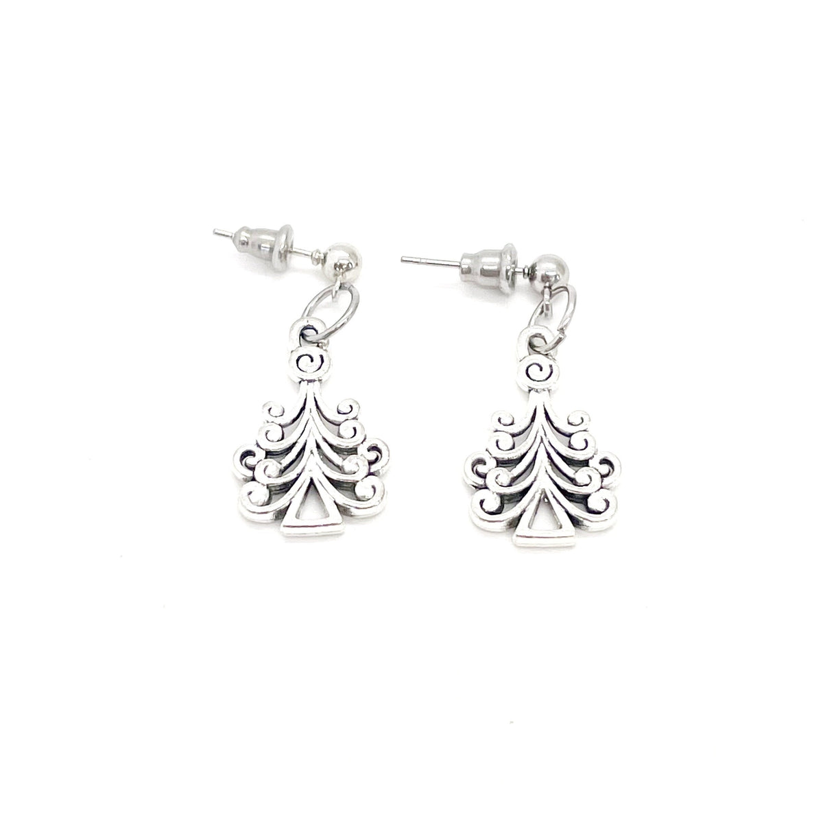 Silvertone Christmas Tree Earrings