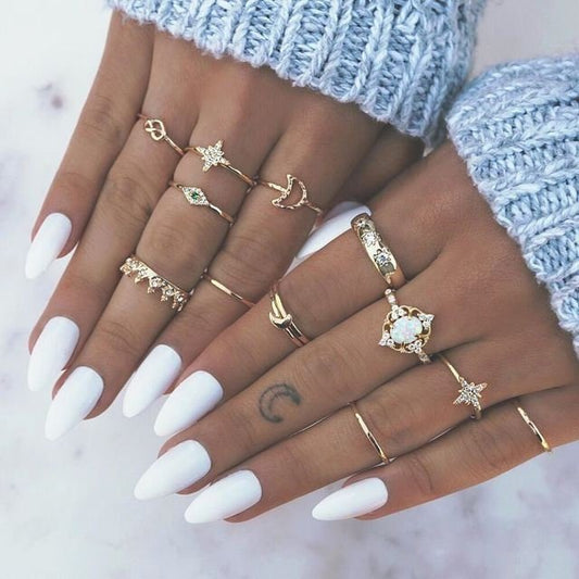 Crystal Stone Geometric Inlaid Gold 12 Piece Midi Rings Set