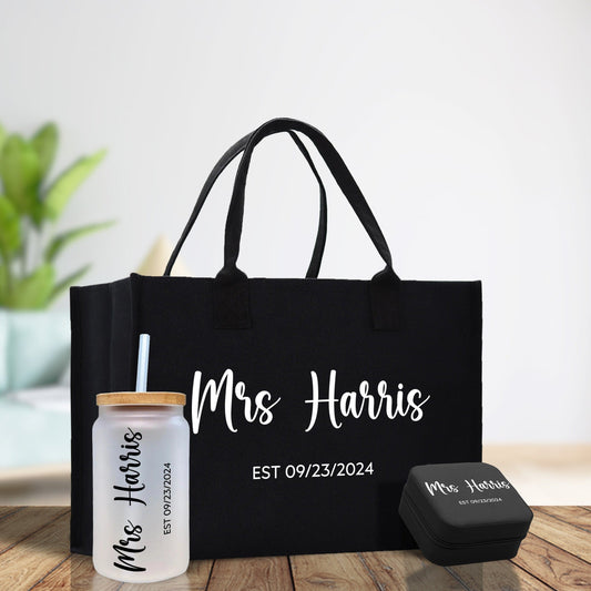 Mrs. Last Name Est Year Tote Bag Personalized Date Wedding Tote Bridal Shower Gift Honeymoon Gift Customized Wedding Gift Bridesmaid Gift