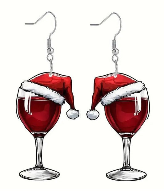 Christmas Wine Glass with Santa Hat Earrings