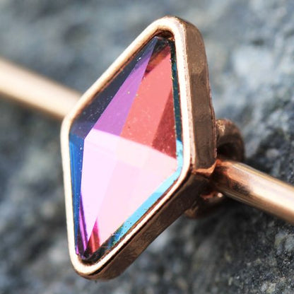 Rose Gold Plated Rhombus Shape CZ Industrial Barbell
