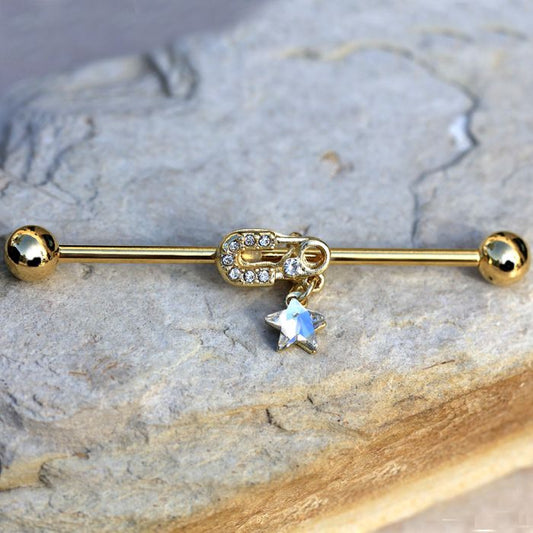 Gold Plated Jeweled Safety Pin and Star Industrial Barbell | Fashion Hut Jewelry