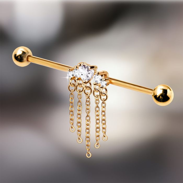 Gold Plated Jewel Accents and Dangling Chains Industrial Barbell