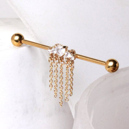 Gold Plated Jewel Accents and Dangling Chains Industrial Barbell