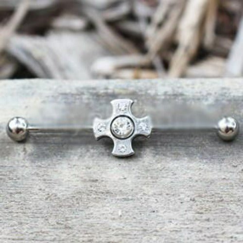 316L Stainless Steel Jeweled Medieval Cross Industrial Barbell | Fashion Hut Jewelry