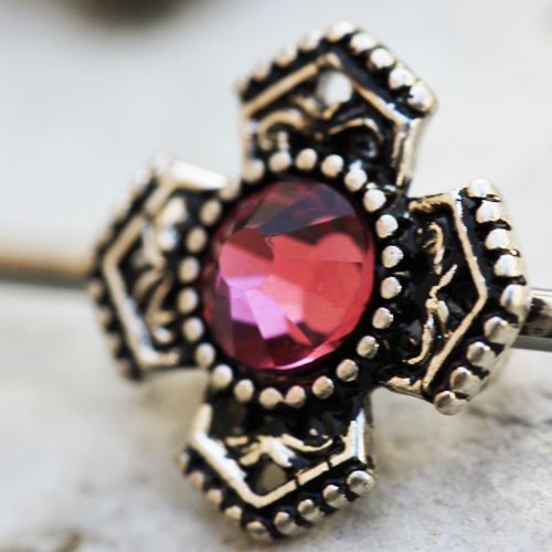 316L Stainless Steel Jeweled Medieval Cross Industrial Barbell