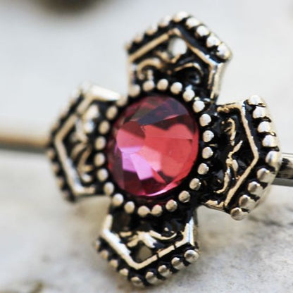 316L Stainless Steel Jeweled Medieval Cross Industrial Barbell