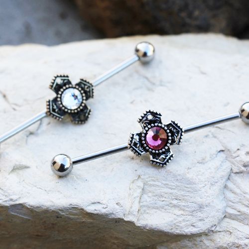 316L Stainless Steel Jeweled Medieval Cross Industrial Barbell