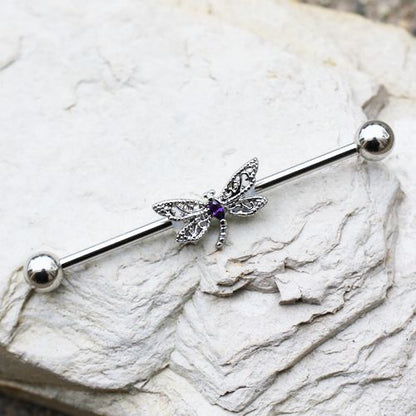 316L Stainless Steel Ornate Dragonfly Industrial Barbell