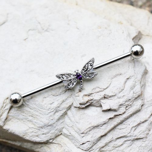 316L Stainless Steel Ornate Dragonfly Industrial Barbell