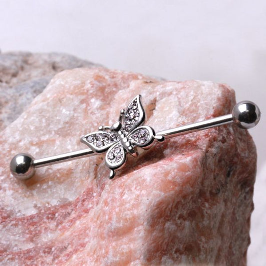 316L Stainless Steel Glittering Butterfly Industrial Barbell