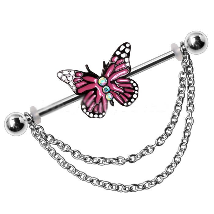 316L Stainless Steel Double Chained Pink Butterfly Industrial Barbell