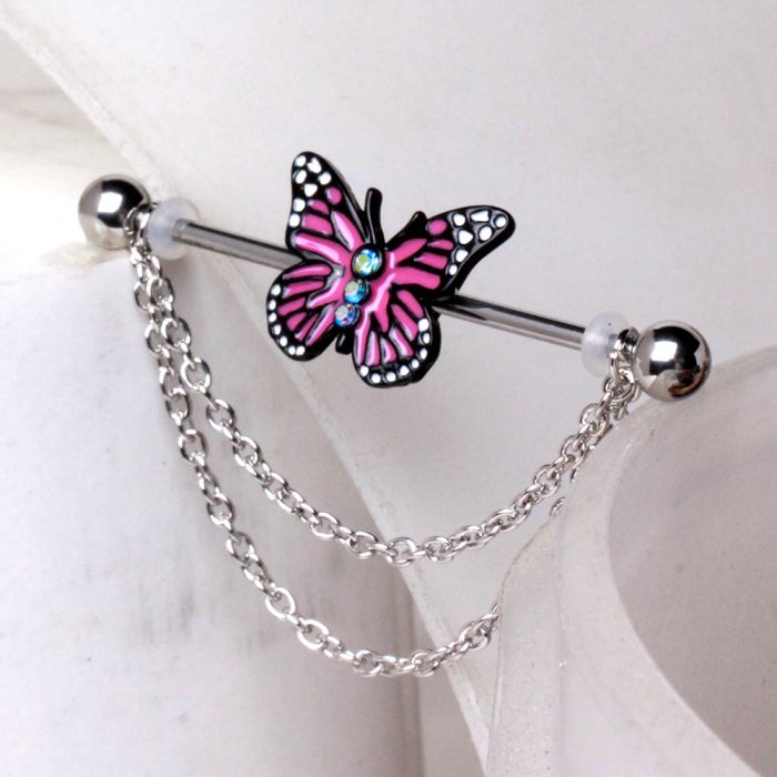 316L Stainless Steel Double Chained Pink Butterfly Industrial Barbell