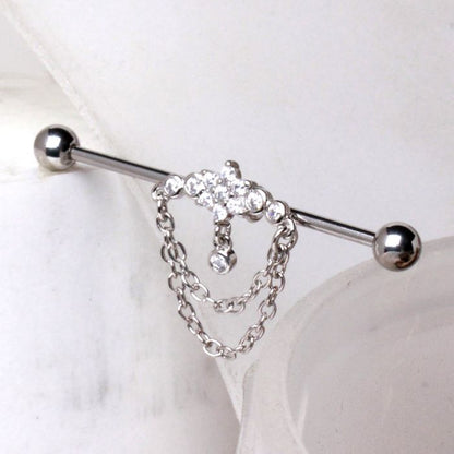 316L Stainless Steel Double Chained Jeweled Tiara Industrial Barbell