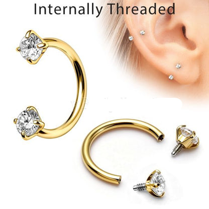 Gold Plated 316L Stainless Steel Internally Threaded Double Gem Cartilage Earring