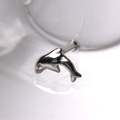 14Kt White Gold Stud Nose Ring with a Dolphin
