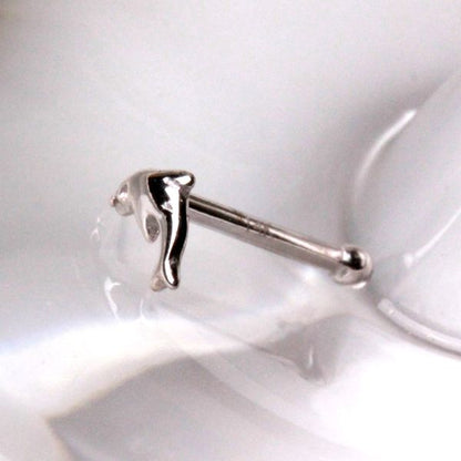 14Kt White Gold Stud Nose Ring with a Dolphin