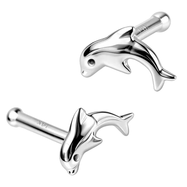 14Kt White Gold Stud Nose Ring with a Dolphin