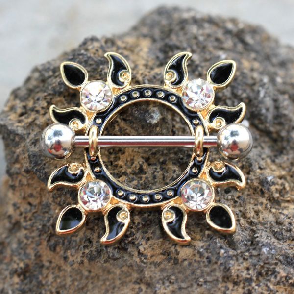 Gold Plated Jeweled Flaming Sun Nipple Shield