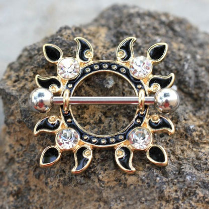 Gold Plated Jeweled Flaming Sun Nipple Shield