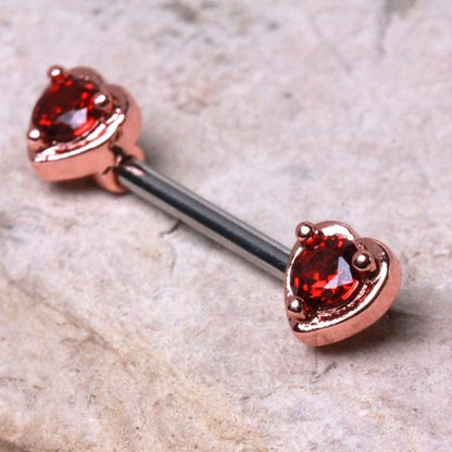 Rose Gold Red CZ Heart Nipple Bar