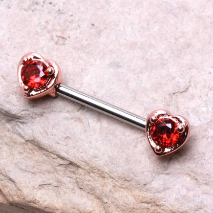 Rose Gold Red CZ Heart Nipple Bar