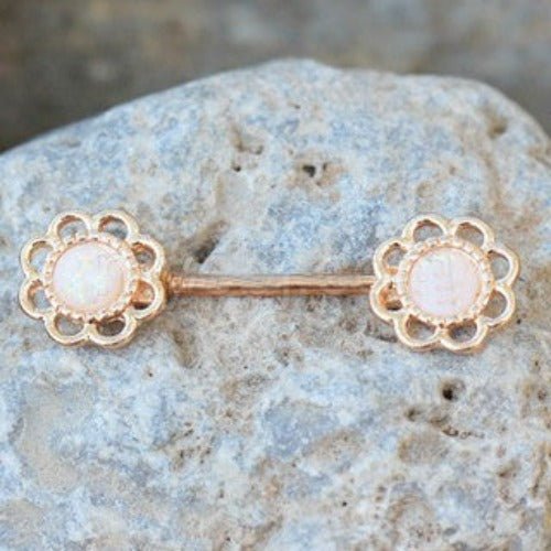 Rose Gold Synthetic Opal Flower Nipple Bar | Fashion Hut Jewelry