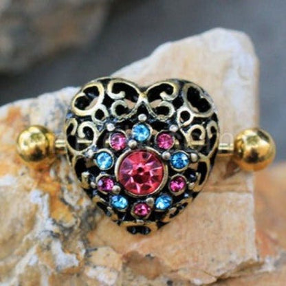 Antique Gold Plated Dazzling Heart Dome Shape Nipple Shield | Fashion Hut Jewelry
