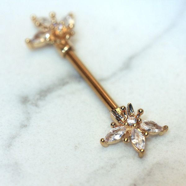 Gold Plated Ornate Flower Nipple Bar