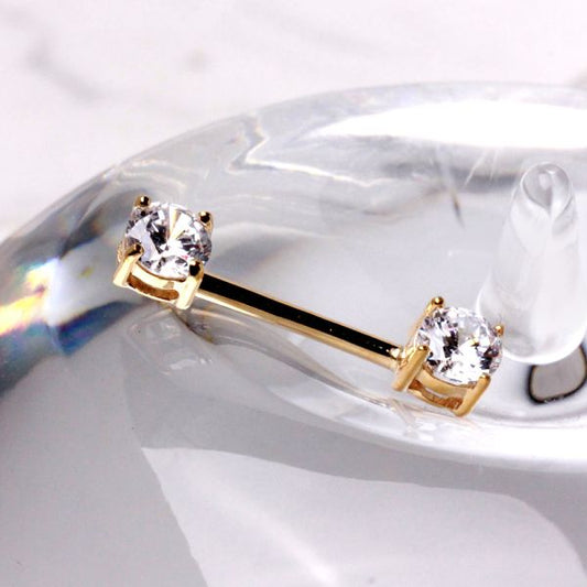 14Kt Yellow Gold Prong Setting CZ Nipple Bar