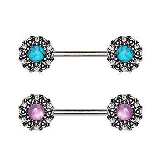 316L Stainless Steel Medieval Rose Nipple Bar Set with Stone Inlay | Fashion Hut Jewelry