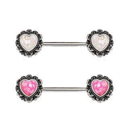 316L Stainless Steel Filigree Synthetic Opal Heart Nipple Bars | Fashion Hut Jewelry