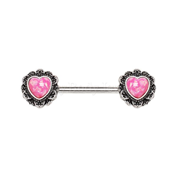 316L Stainless Steel Filigree Synthetic Opal Heart Nipple Bars