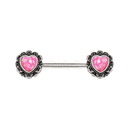 316L Stainless Steel Filigree Synthetic Opal Heart Nipple Bars
