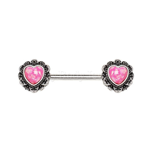 316L Stainless Steel Filigree Synthetic Opal Heart Nipple Bars