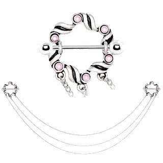 316L Stainless Steel Triple Chain Pink Ribbon Nipple Shields | Fashion Hut Jewelry