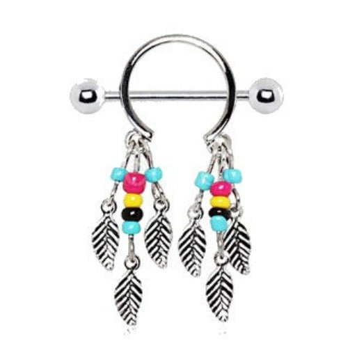 316L Surgical Steel Multi-Colored Beads Feather Dangle Nipple Shield | Fashion Hut Jewelry