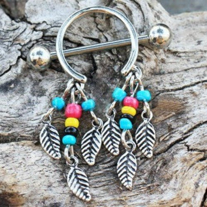 316L Surgical Steel Multi-Colored Beads Feather Dangle Nipple Shield | Fashion Hut Jewelry